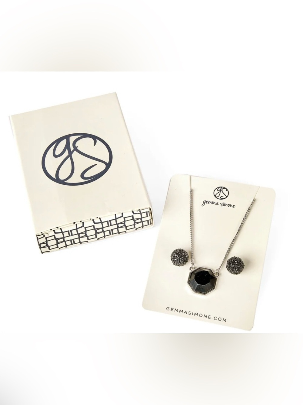 Gemma Simone Demi Silver & Black Octagon Pendant Necklace & Ball Stud Earrings
